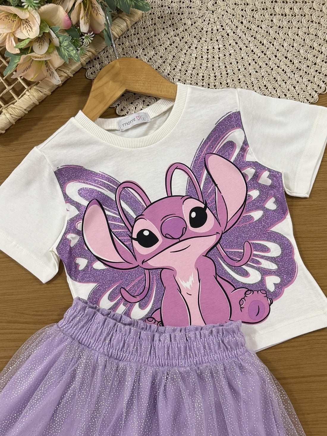 Conjunto Infantil Momi Verão com Saia em Tule Lilás e Blusa Branca Angel