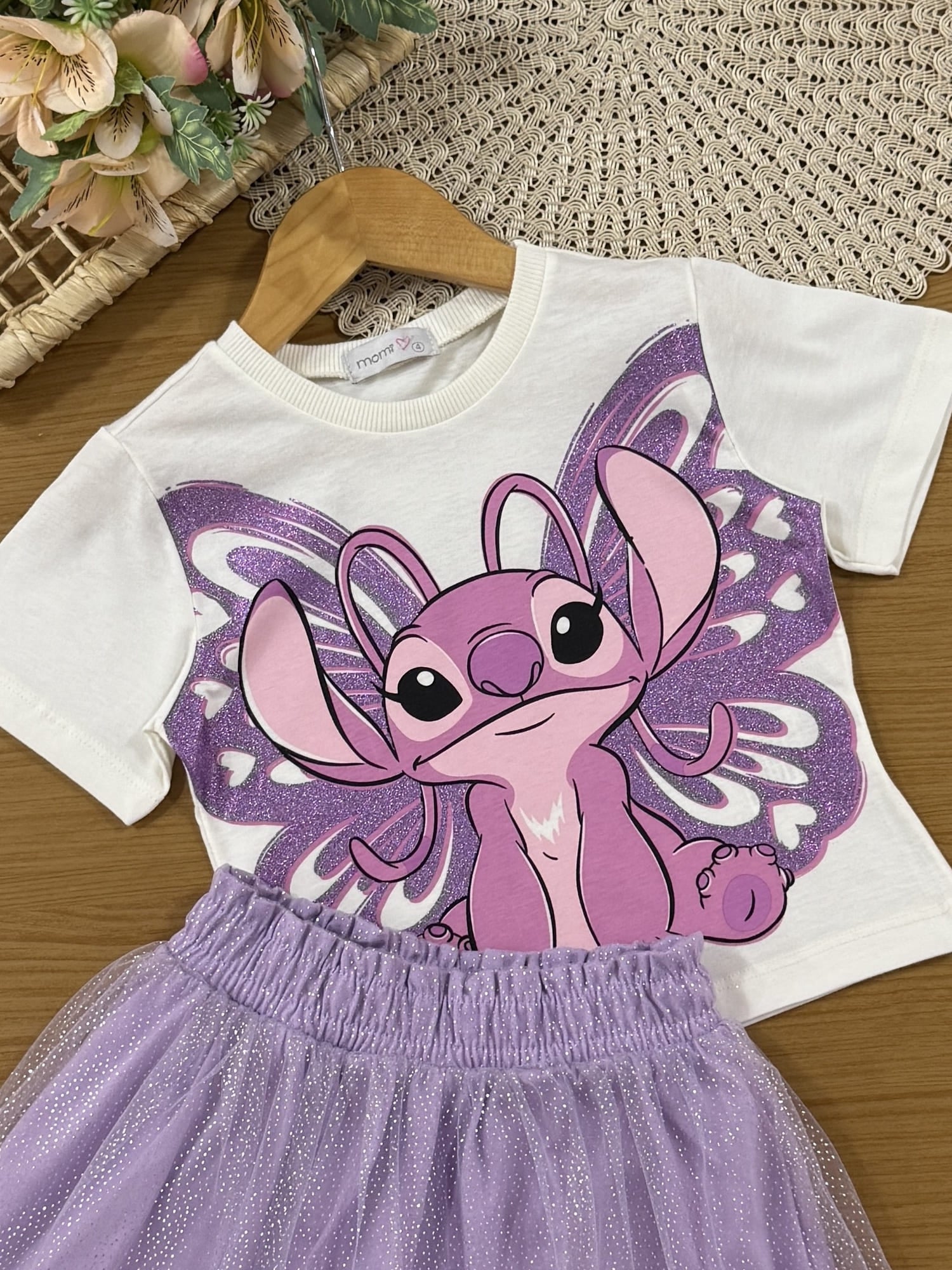 Conjunto Infantil Momi Verão com Saia em Tule Lilás e Blusa Branca Angel