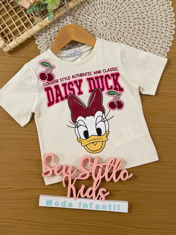 Blusa Infantil Momi Inverno Manga Curta Bege Daisy Duck Cerejinha Disney