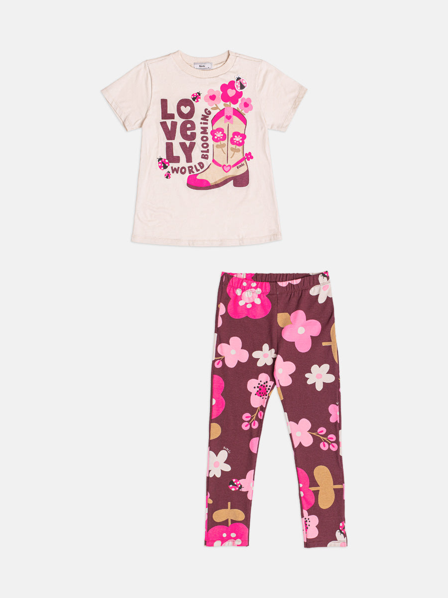 Conjunto Infantil Bimbi Inverno com Calça Legging e Blusa Manga Curta Bege Lovely