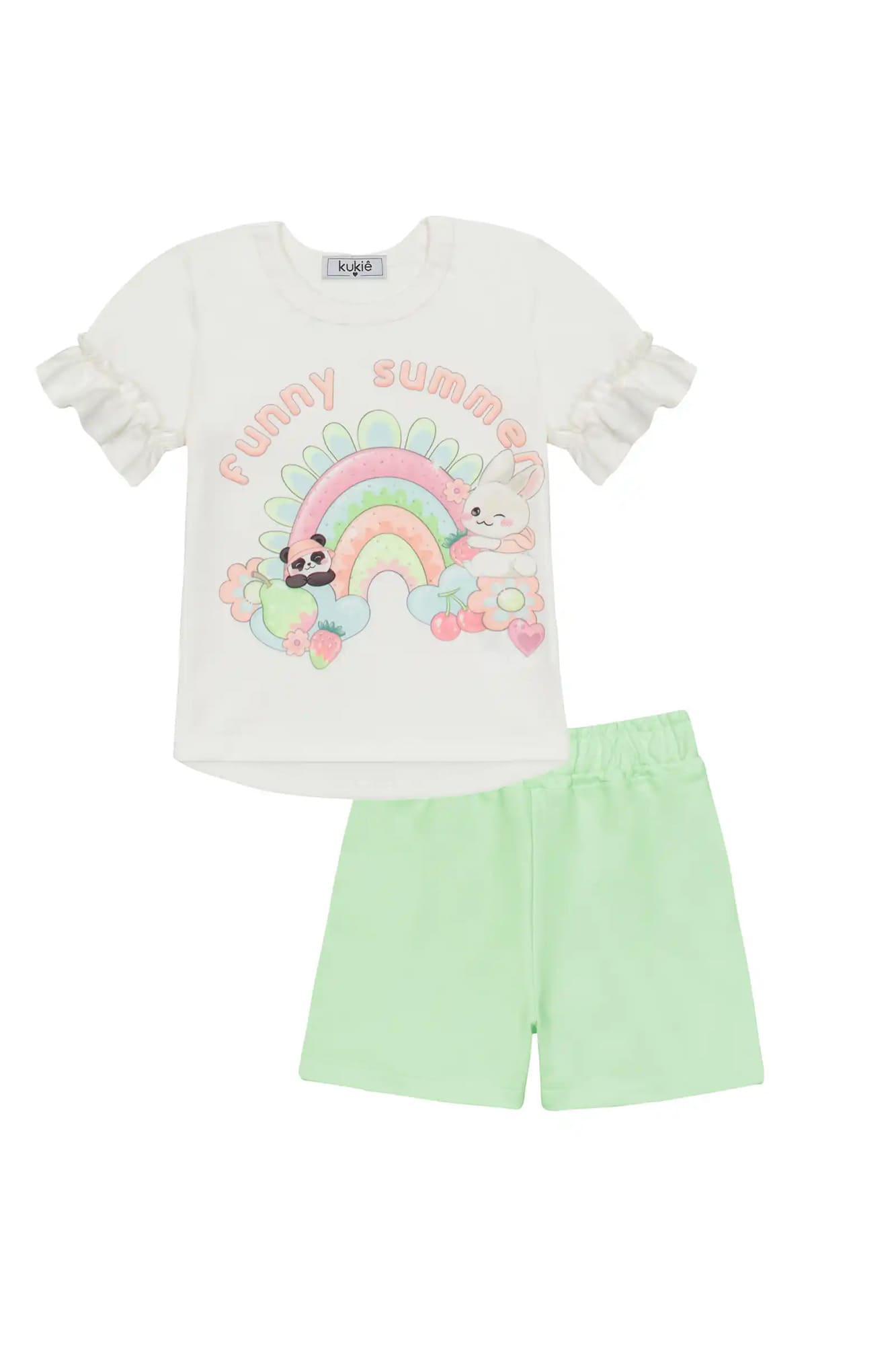Conjunto Infantil Kukiê com Shorts Verde Neon e Blusa Manga Curta Frutinhas