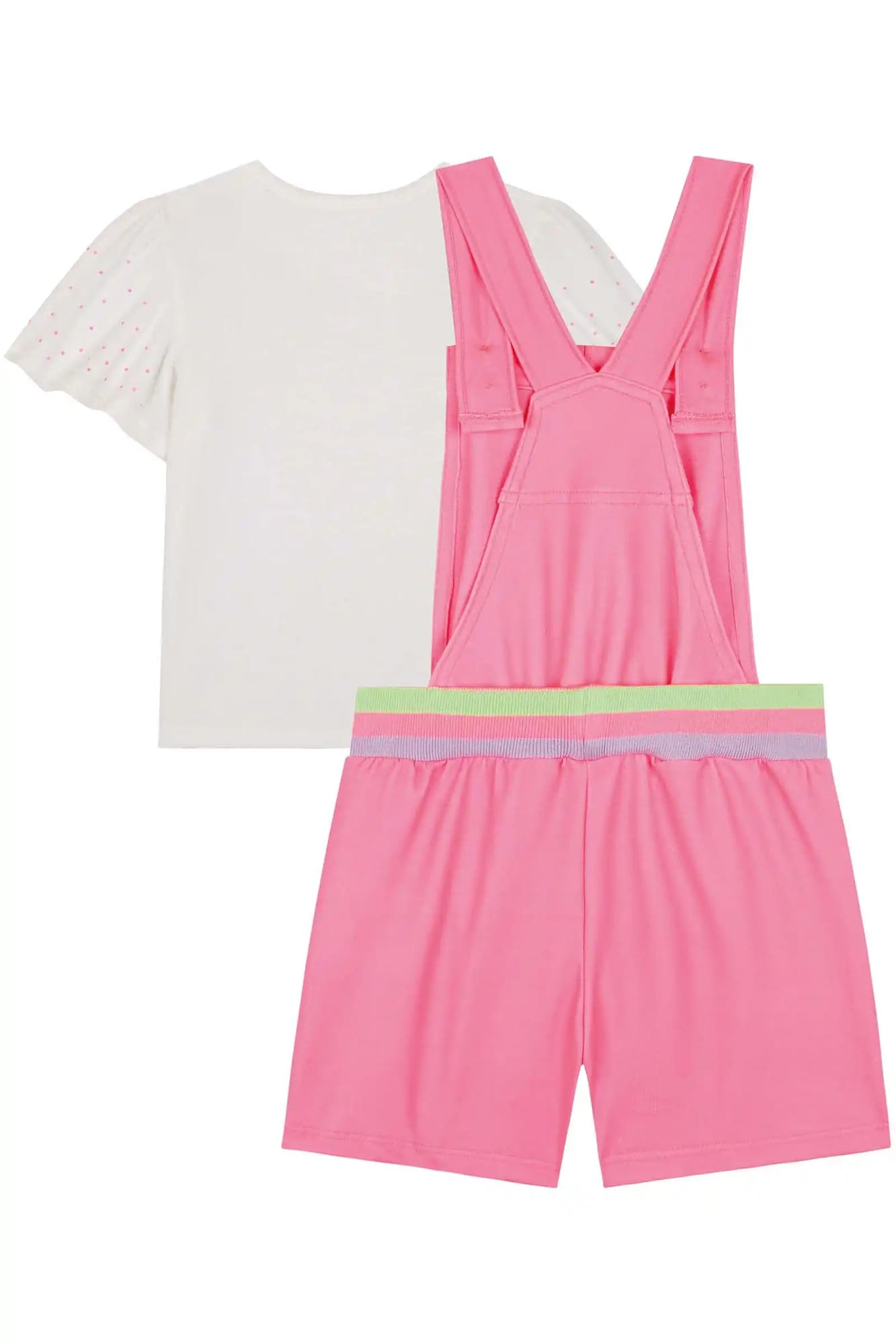 Jardineira Infantil Kukiê Verão Rosa Arco-íris e Blusa Branca