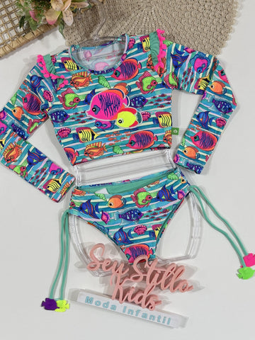 Biquíni Infantil Siri Kids Cropped Manga Longa Karol Aquarela 40239