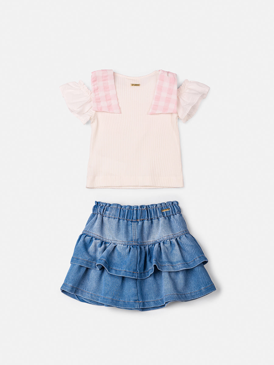 Conjunto Infantil Animê Verão Saia Jeans e Blusa Laços Rosas