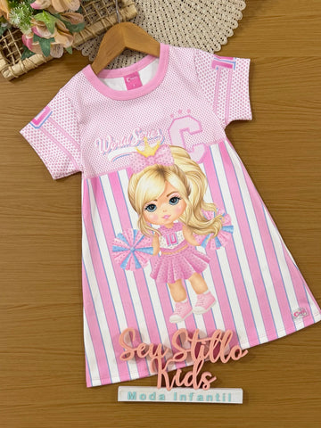 Vestido Infantil Cinti Verão Rosa Listrado Lider de Torcida World Series
