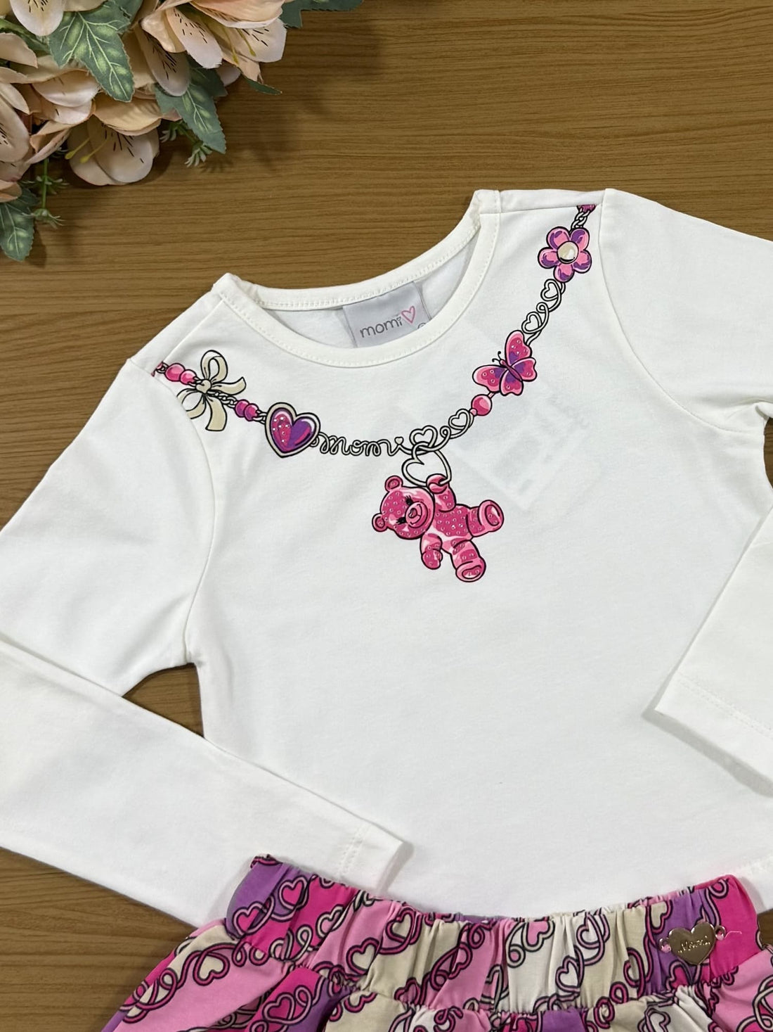 Conjunto Infantil Momi Inverno com Saia Colorida Corações e Blusa Manga Longa