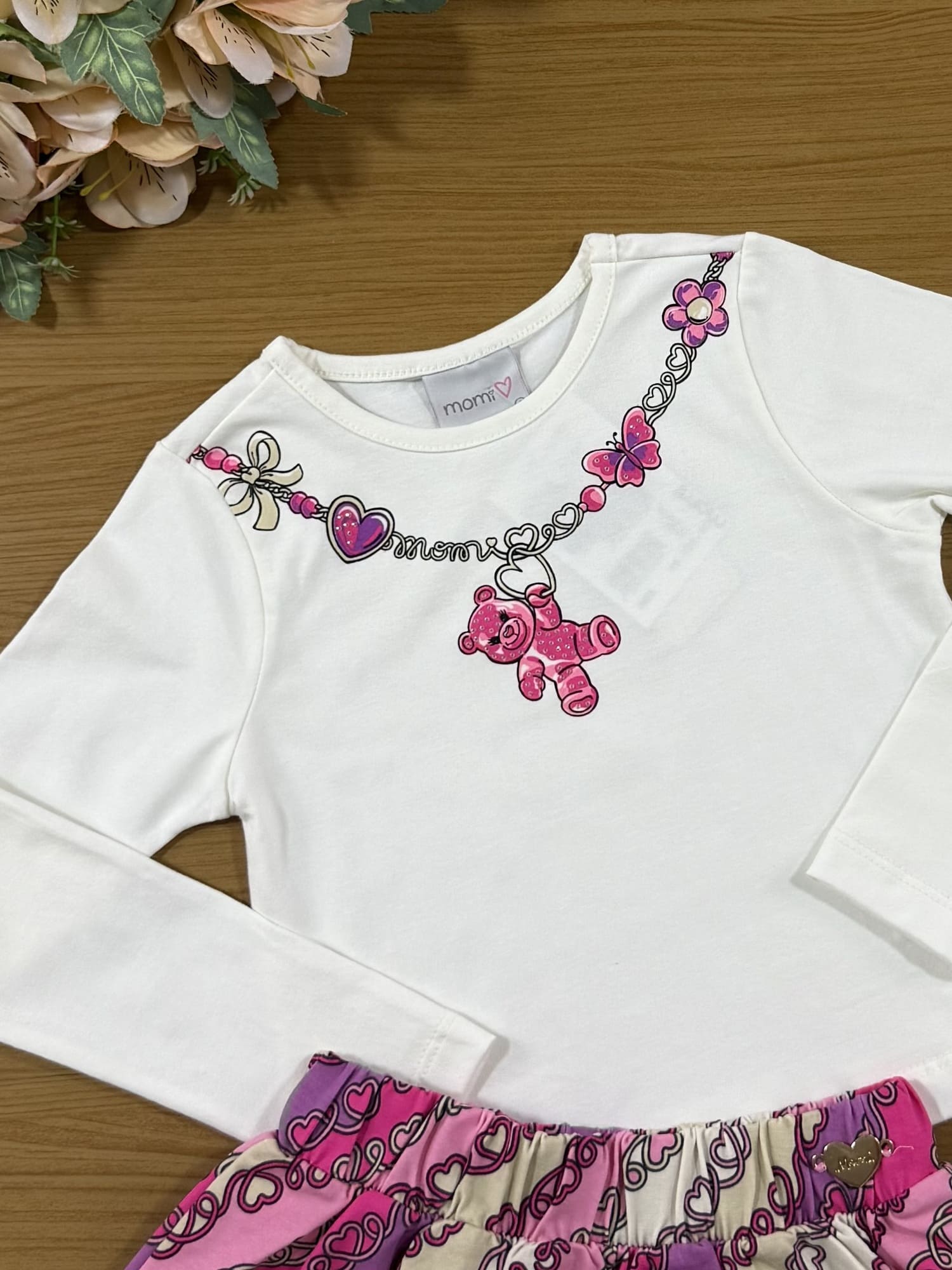 Conjunto Infantil Momi Inverno com Saia Colorida Corações e Blusa Manga Longa
