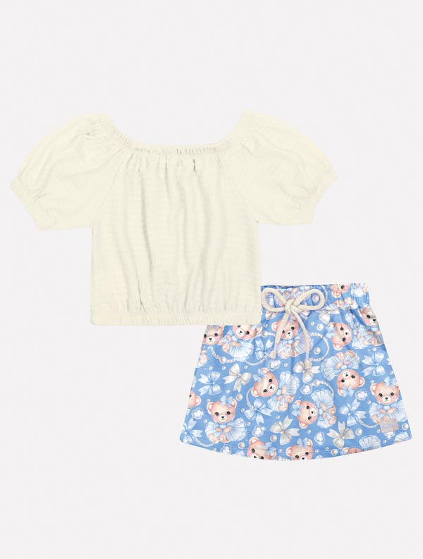 Conjunto Infantil Cinti Verão Shorts Saia Ursinha Blusa Branca