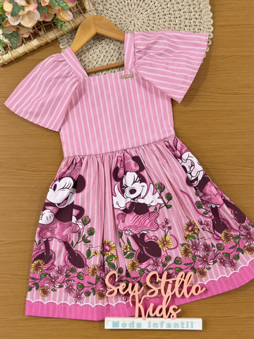 Vestido Infantil Animê Listrado Rosa Minnie Flores Disney