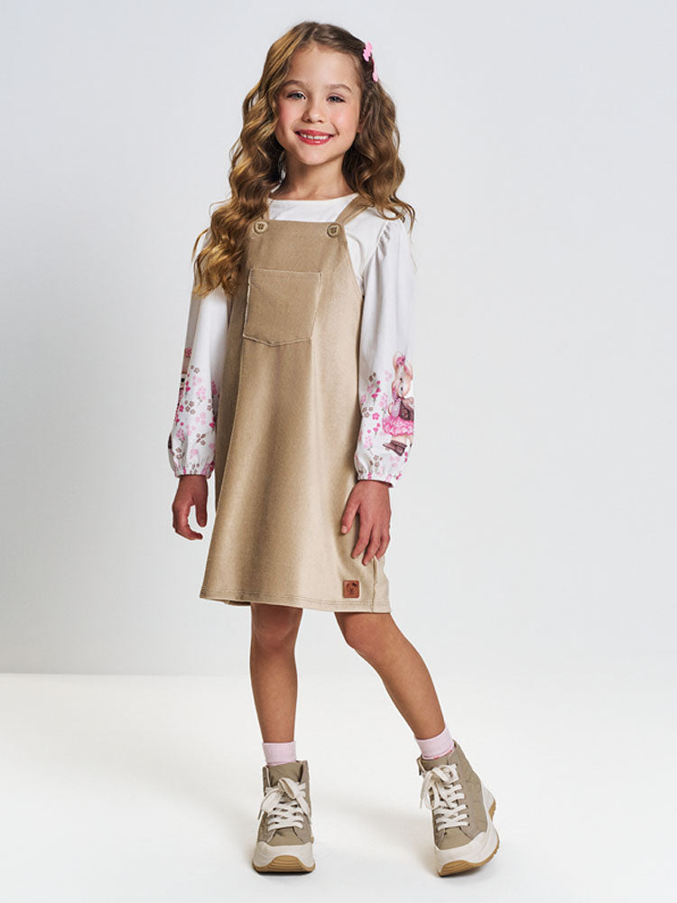 Salopete Infantil Cinti Inverno Bege com Blusa Manga Longa Ursinha