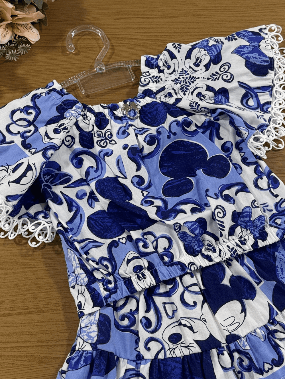 Conjunto Infantil Animê Verão Saia e Blusa Azul Minnie e Mickey Disney