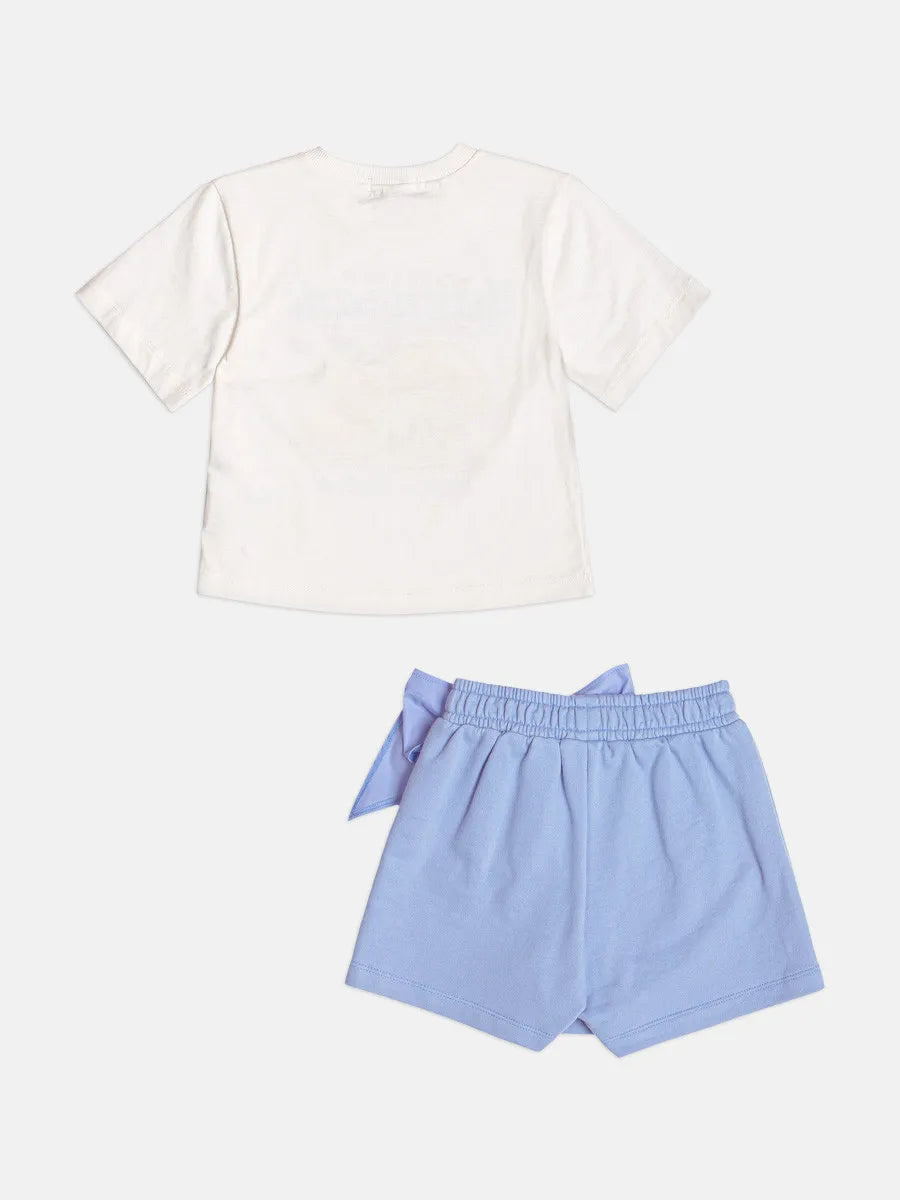 Conjunto Infantil Menina Momi Shorts Saia Azul e Blusa Limãozinho Strass