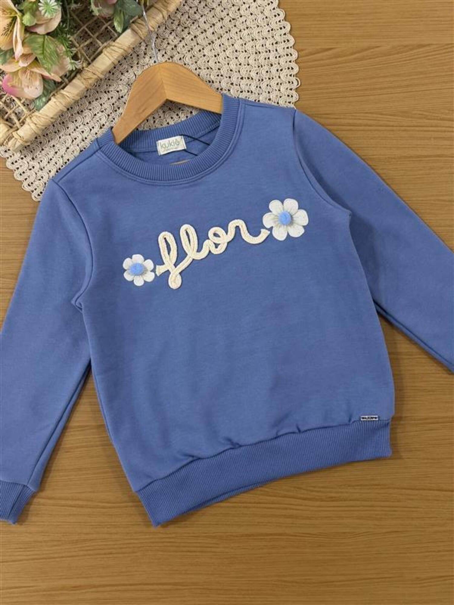 Conjunto Infantil Kukiê Inverno com Calça Legging Térmica e Moletom Flanelado Azul Flor