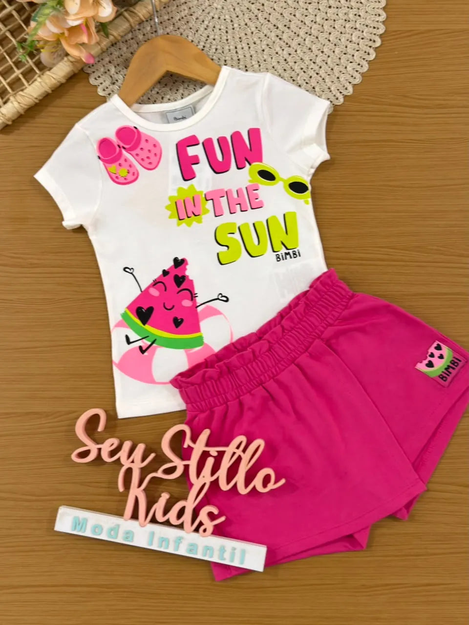 Conjunto Infantil Menina Bimbi Shorts Saia Rosa e Blusa Fun in the Sun