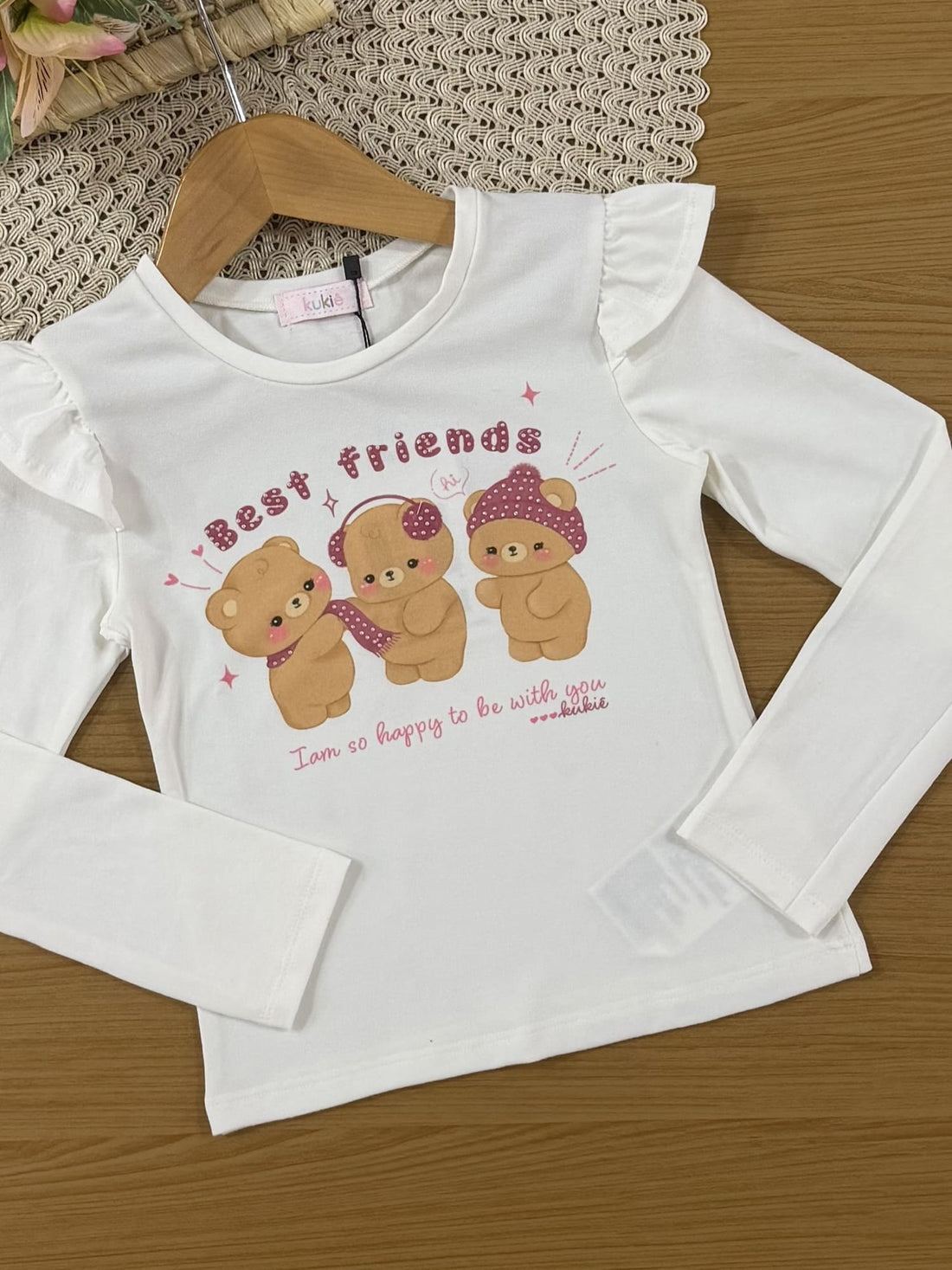 Conjunto Infantil Kukiê Inverno com Shorts Saia Rosa e Blusa Manga Longa Ursinha Best Friends