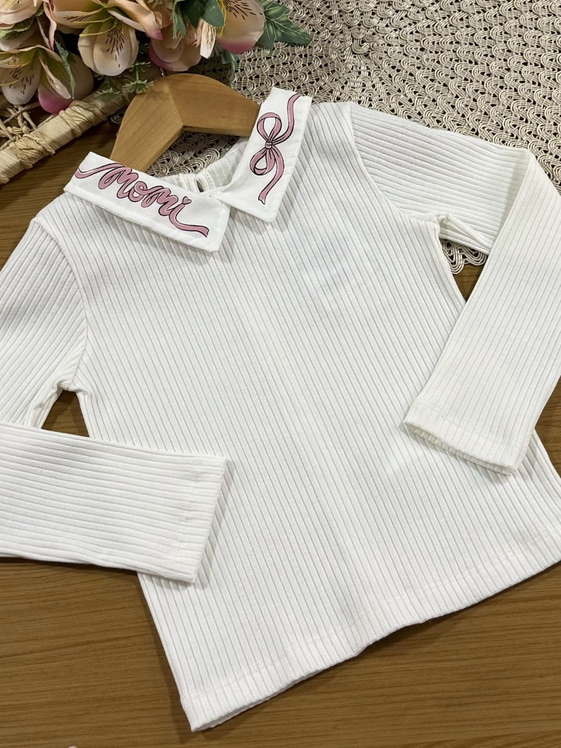 Conjunto Infantil Momi Inverno com Shorts Saia Rosa e Blusa Manga Longa Branca Lacinho