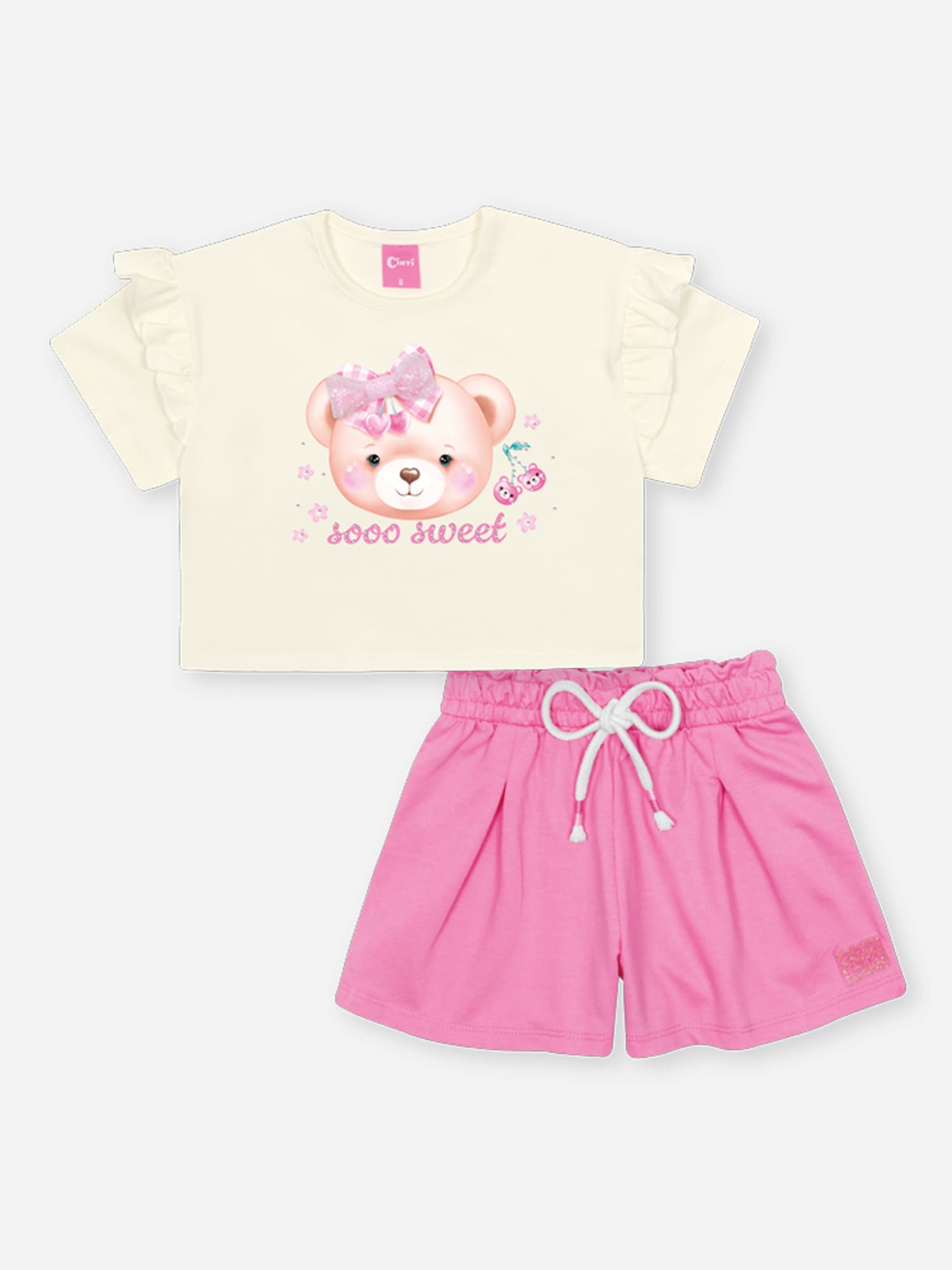 Conjunto Infantil Cinti Verão com Shorts Rosa e Blusa Branca Ursinha Cereja