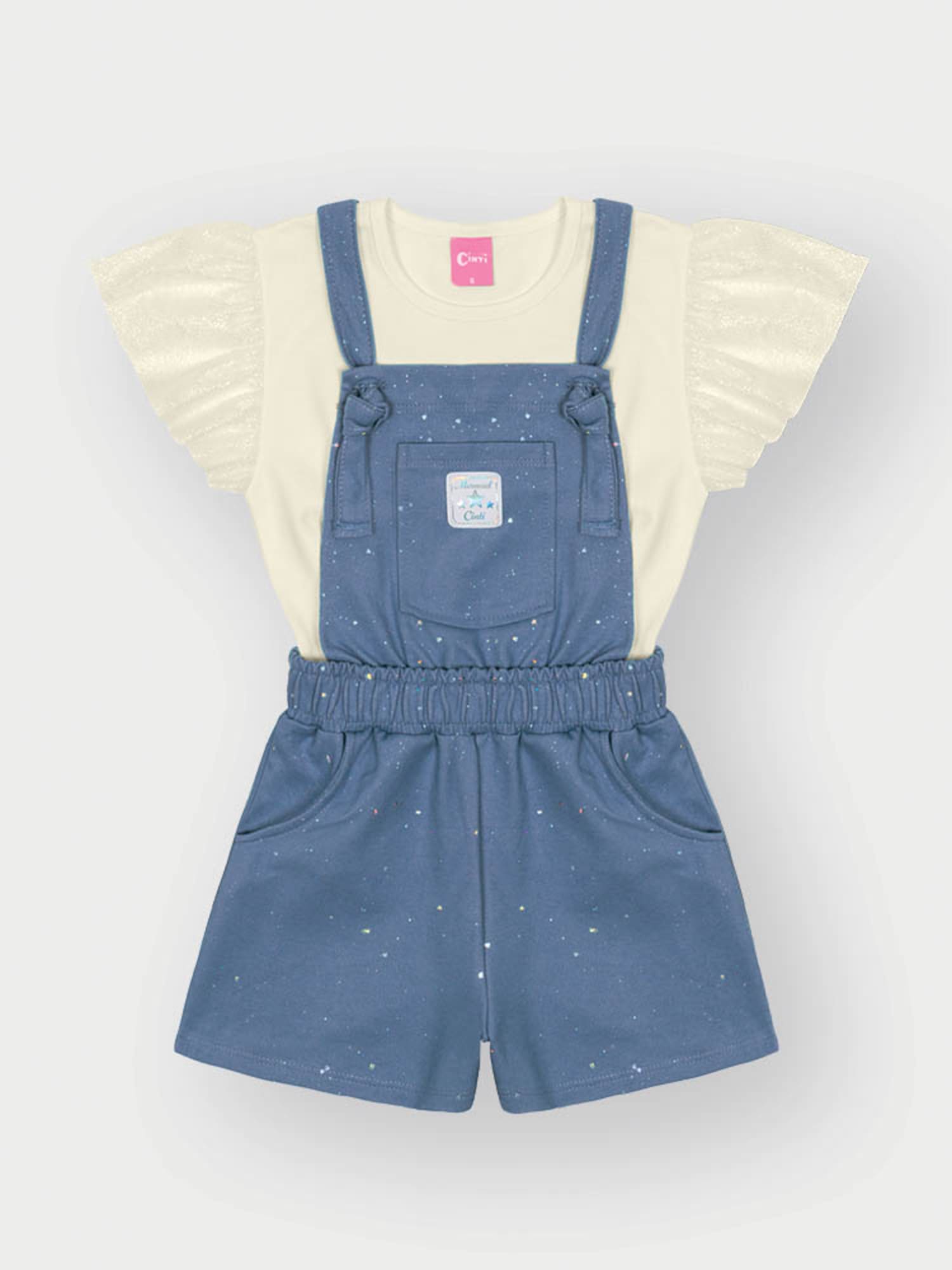 Jardineira Infantil Cinti Verão Azul com Blusa Branca