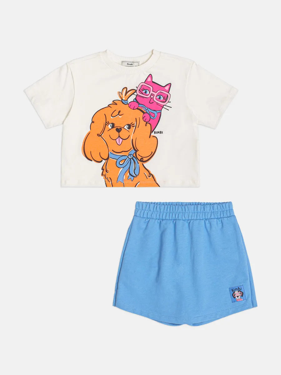 Conjunto Infantil Menina Bimbi Shorts Saia Azul e Blusa Pets