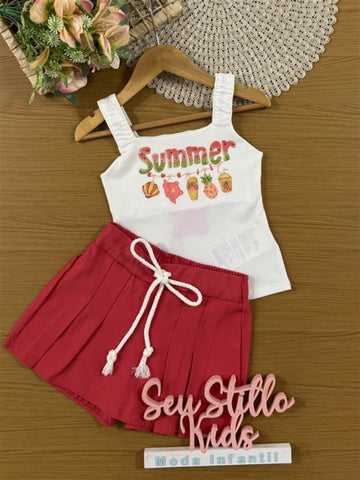 Conjunto Infantil Kukiê Verão com Shorts Saia Vermelha e Blusa Branca Summer