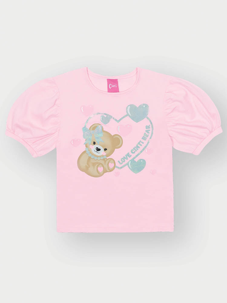 Conjunto Infantil Cinti Verão com Saia em Tule e Blusa Rosa Ursinha Love