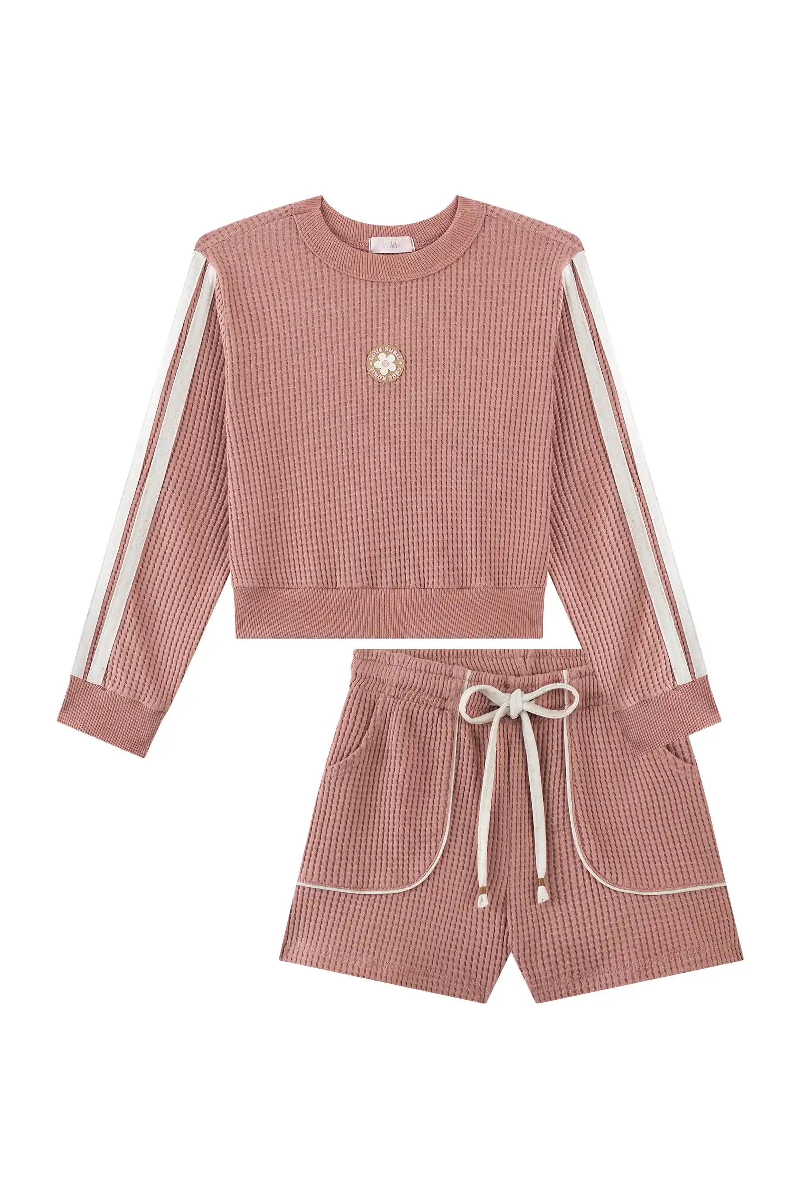 Conjunto Infantil Kukiê Inverno com Shorts e Moletom Rosa Flor