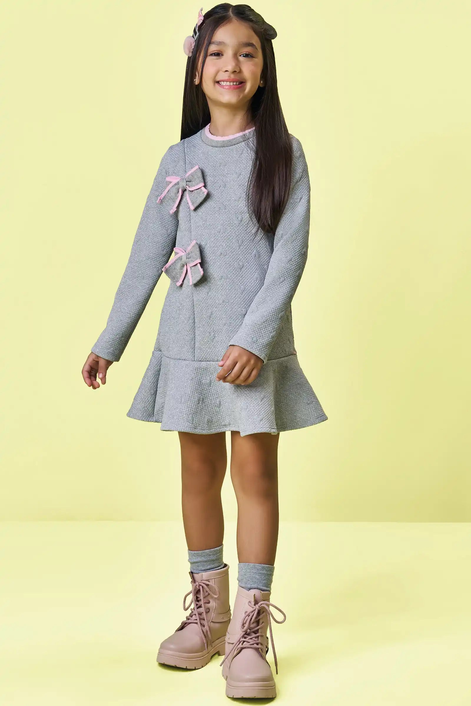 Vestido Infantil Kukiê Inverno Cinza com Lacinho