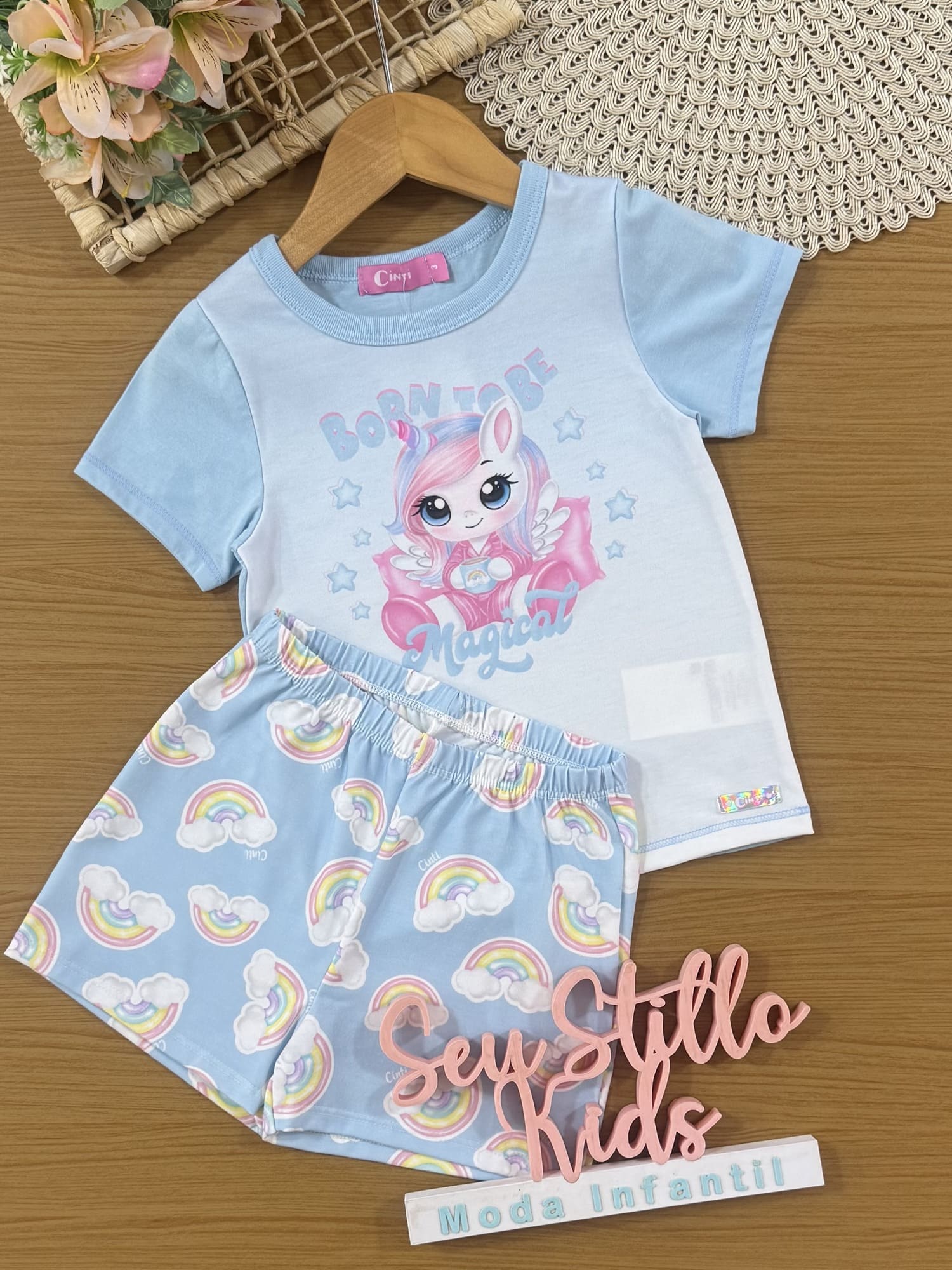 Pijama Infantil Cinti Verão com Shorts e Blusa Azul Unicórnio Magical