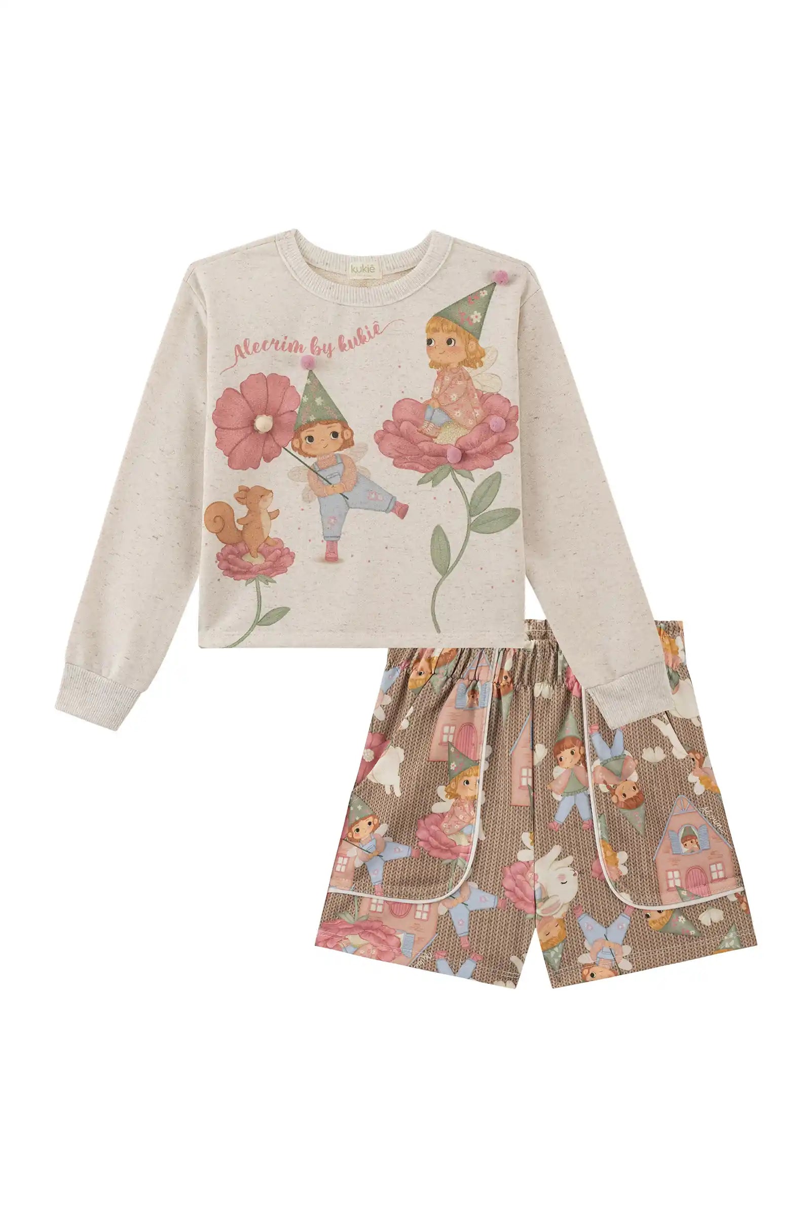 Conjunto Infantil Kukiê Inverno com Shorts Marrom e Moletom sem Flanela Fadinhas