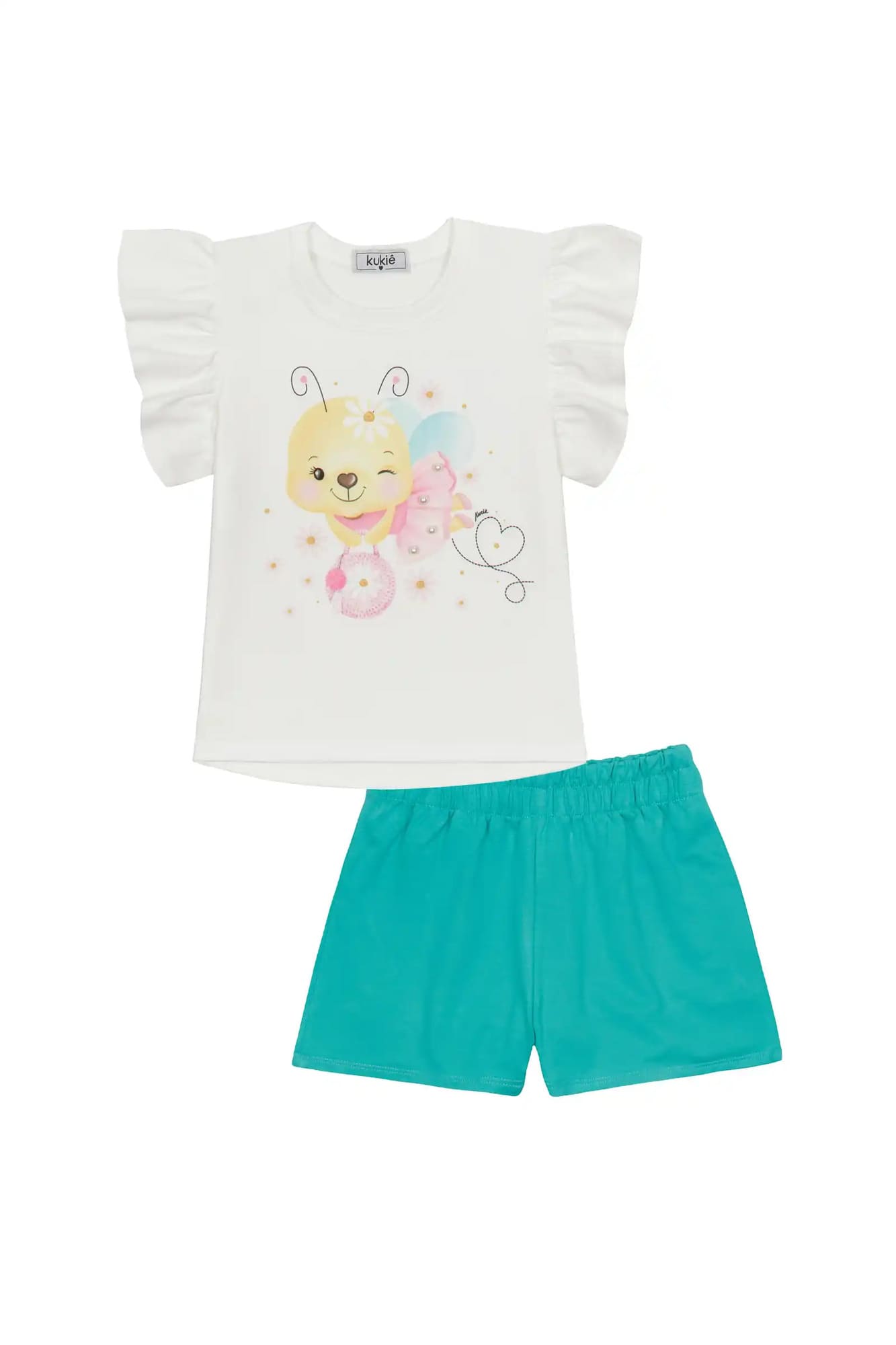 Conjunto Infantil Kukiê com Shorts Verde Agua e Blusa Manga Curta Abelhinha