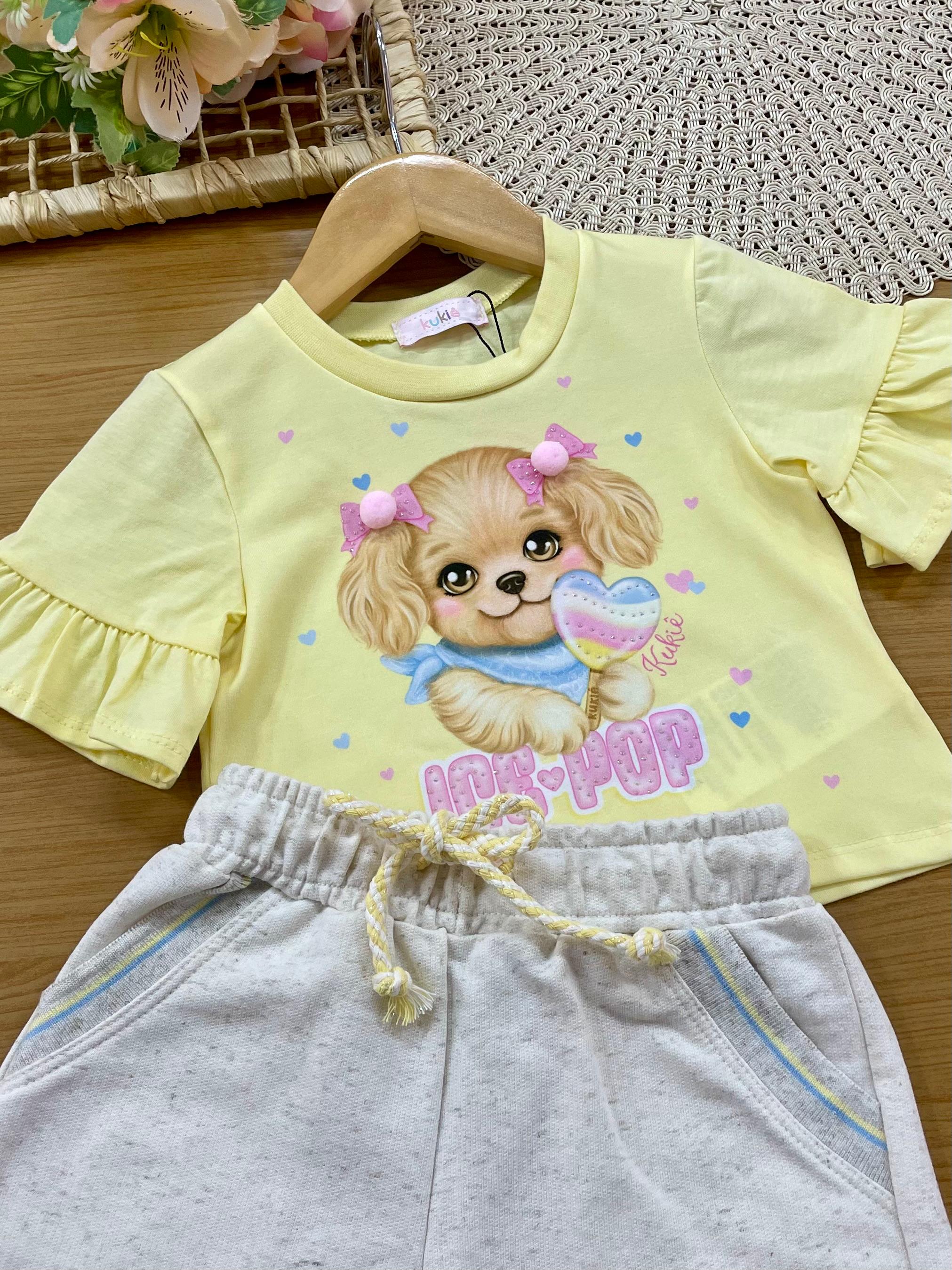 Conjunto Infantil Menina Kukiê com Shorts Off White e Blusa Boxy Amarela Cachorrinha Ice Pop