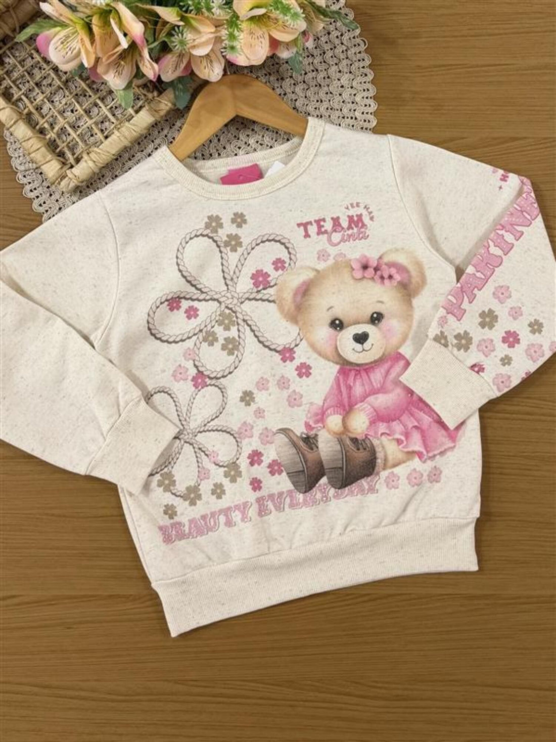 Conjunto Infantil Cinti Inverno com Calça e Moletom Flanelado Off White Ursinha