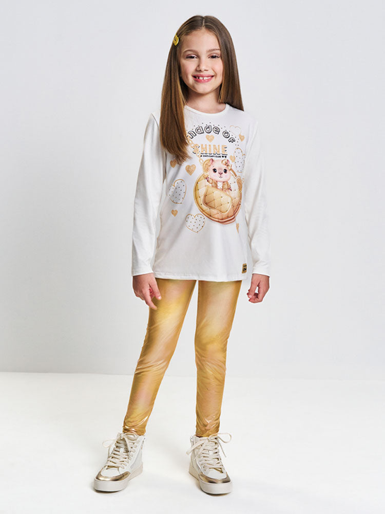 Conjunto Infantil Cinti Inverno com Calça Legging Holografica e Blusa Manga Longa Capivara Fashion