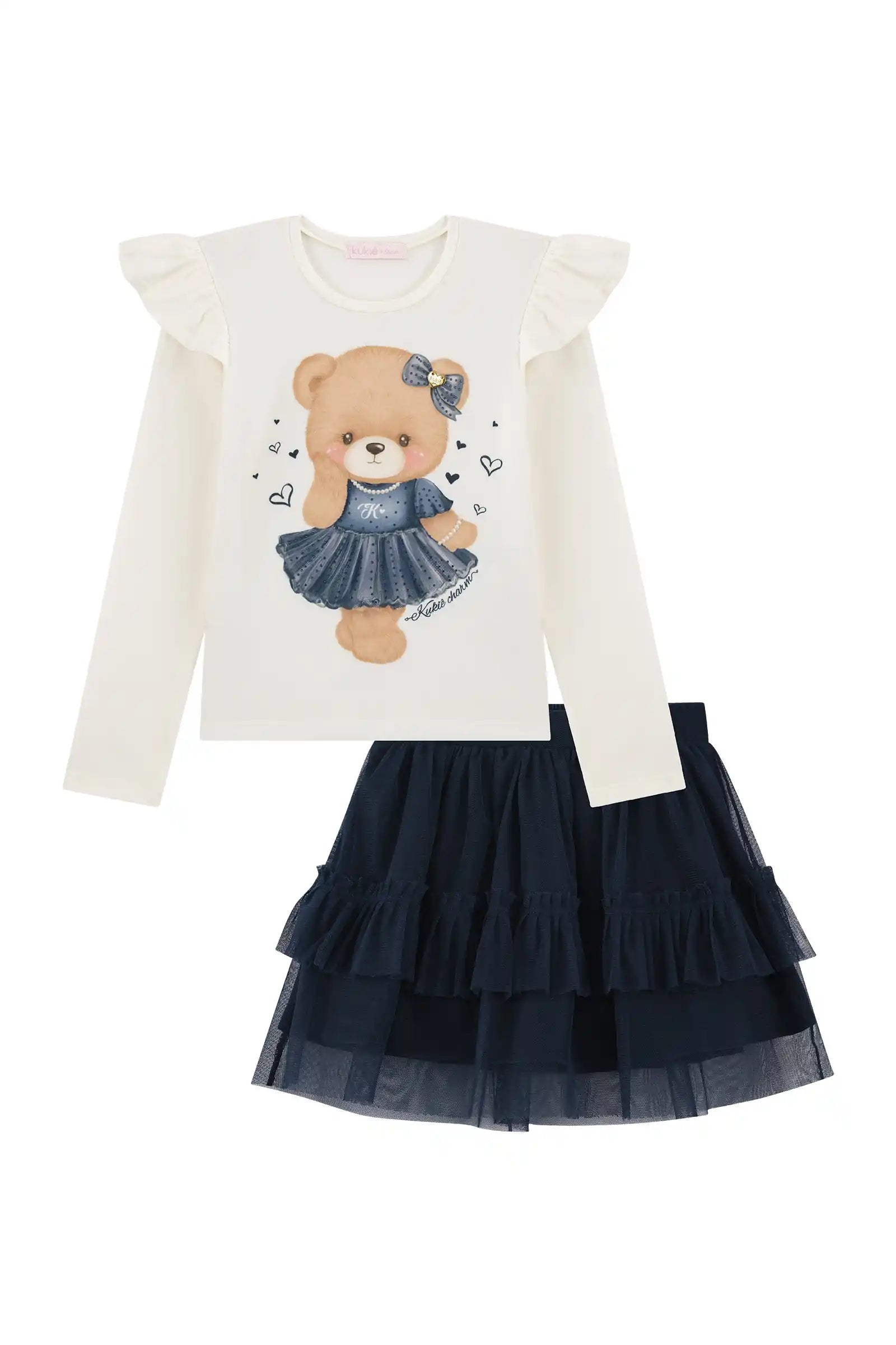 Conjunto Infantil Kukiê Inverno com Saia em Tule Azul Marinho e Blusa Manga Longa Ursinha Love