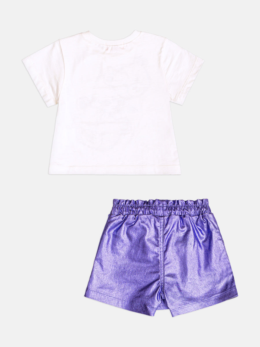 Conjunto Infantil Momi Inverno com Shorts Lilás e Blusa Manga Curta Ursinhos Cute