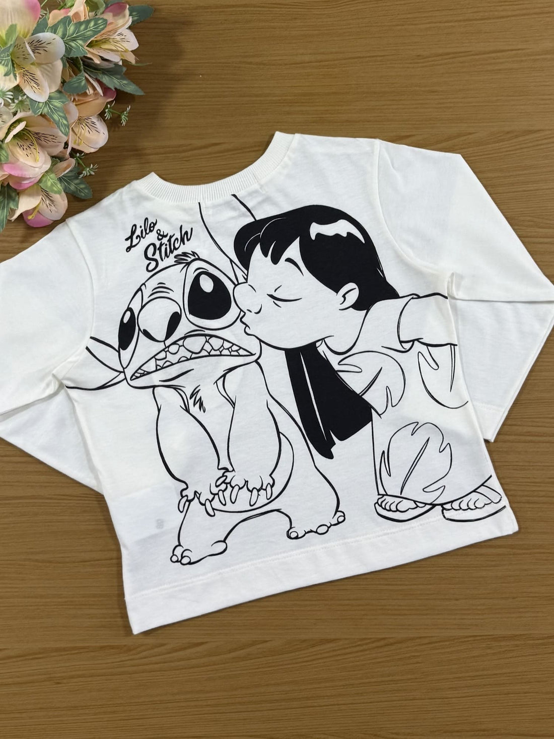 Blusa Infantil Animê Inverno Manga Longa Branca Stitch Disney