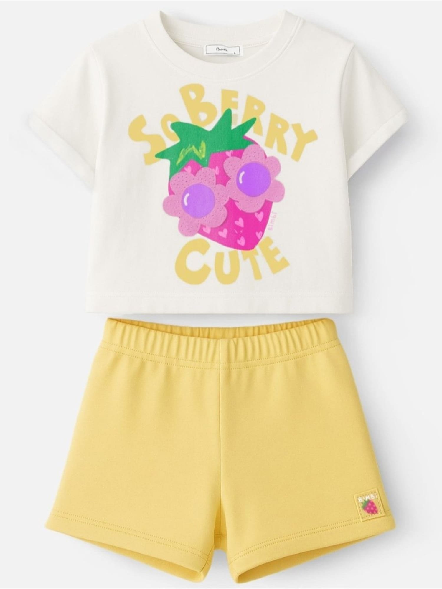 Conjunto Infantil Bimbi Verão com Shorts Amarelo e Blusa Branca Morango