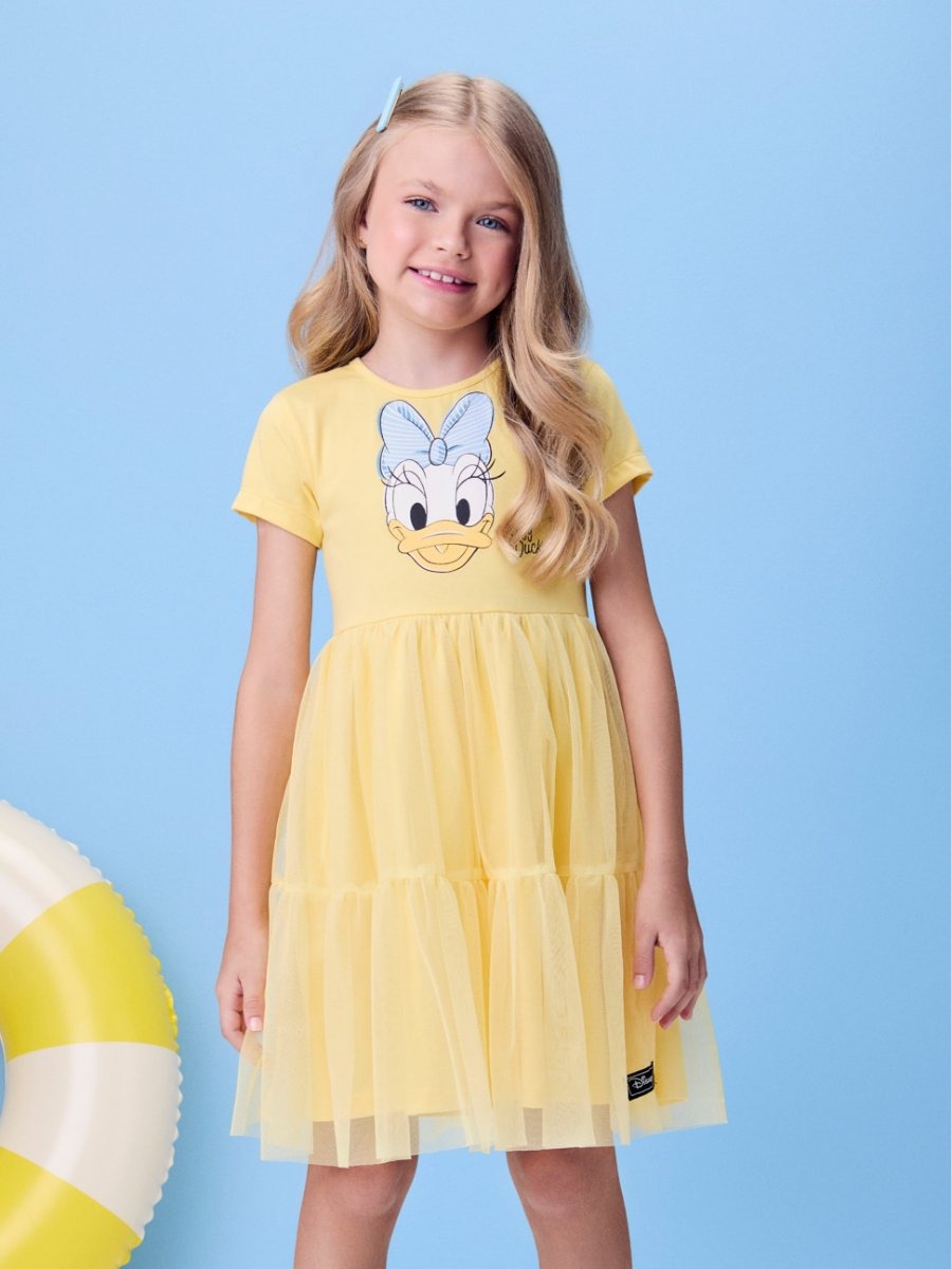 Vestido Infantil Momi Verão Amarelo com Tule Daisy Duck Disney