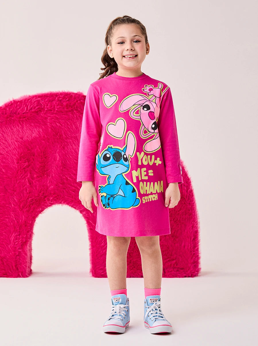 Vesdido Infantil Bimbi Inverno Manga Longa Rosa Escuro Stitch e Angel Love