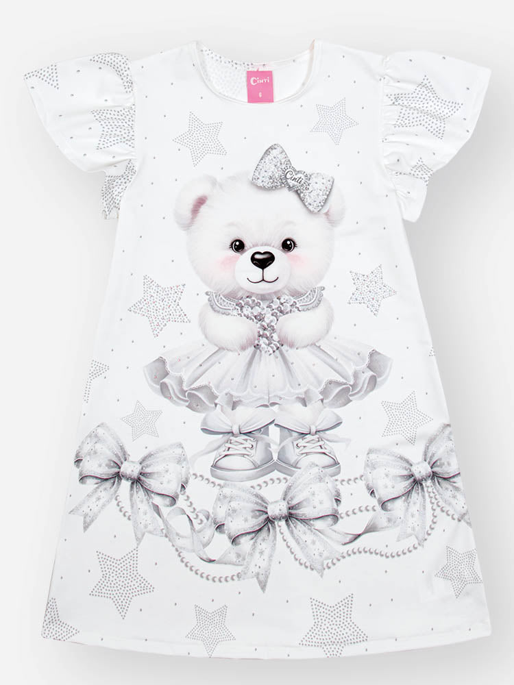 Vestido Infantil Cinti Verão Branco Ursinha Estrelinha