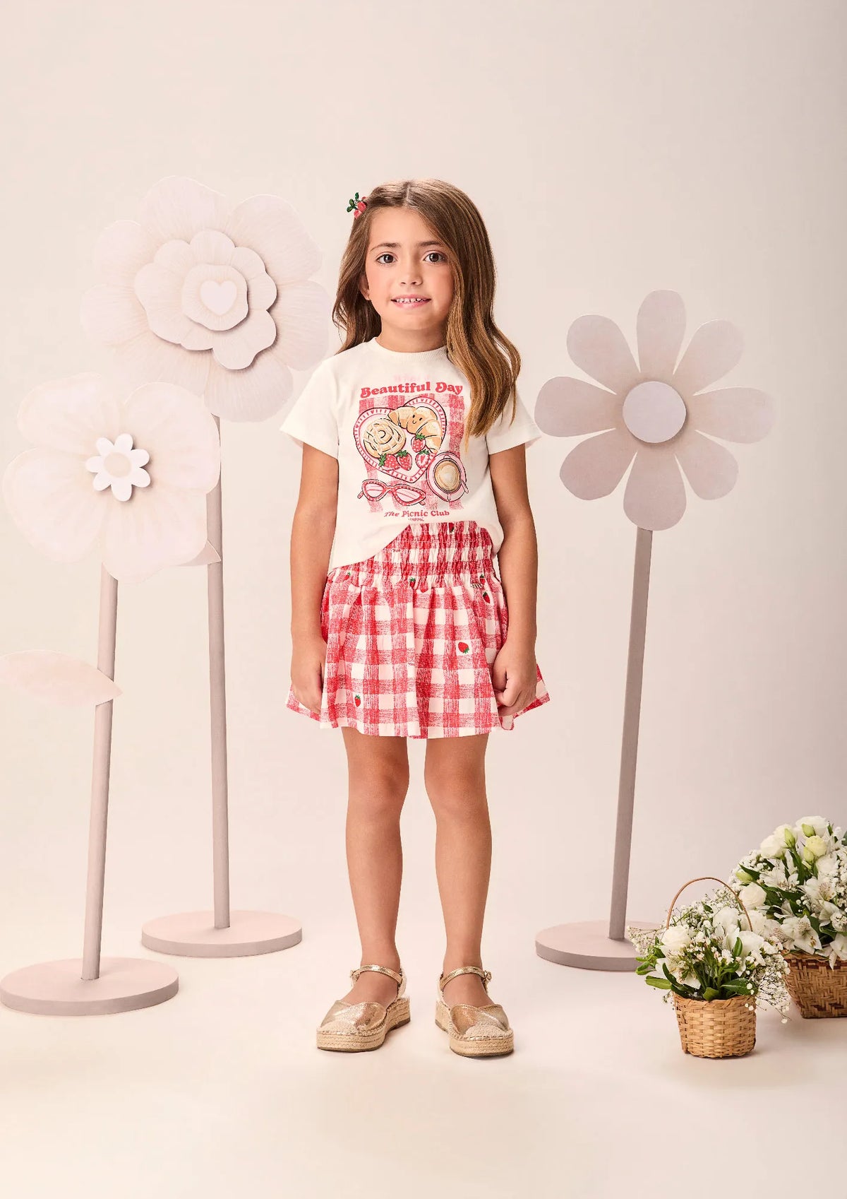 Conjunto Infantil Menina Momi com Saia Vermelha Xadrez e Blusa Branca Picnic Strass