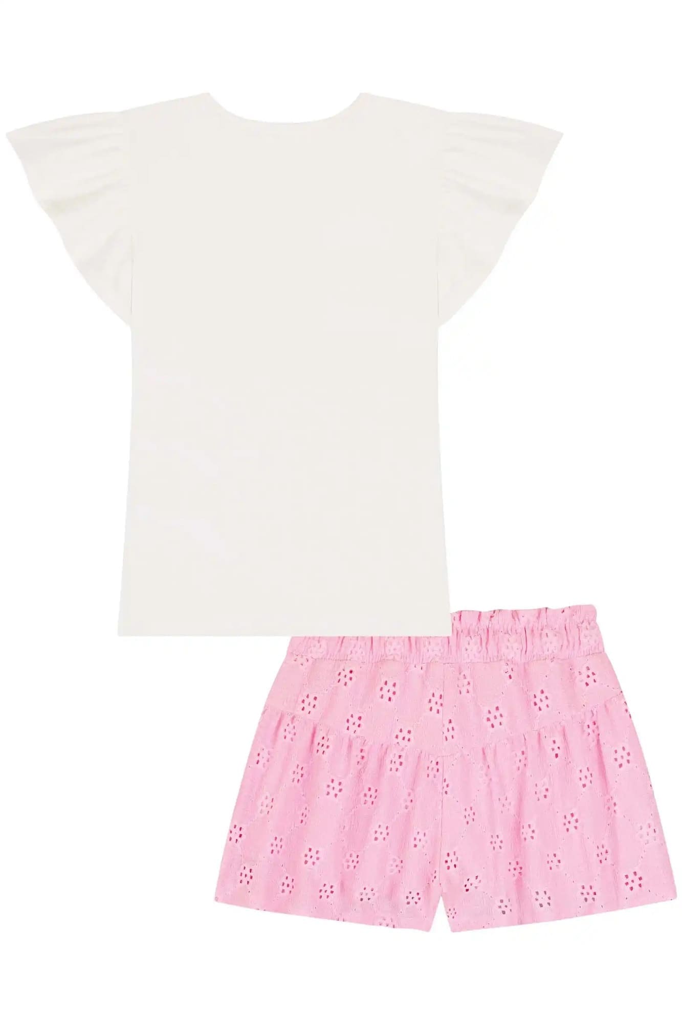 Conjunto Infantil Kukiê Verão com Shorts Rosa e Blusa Branca Gatinha