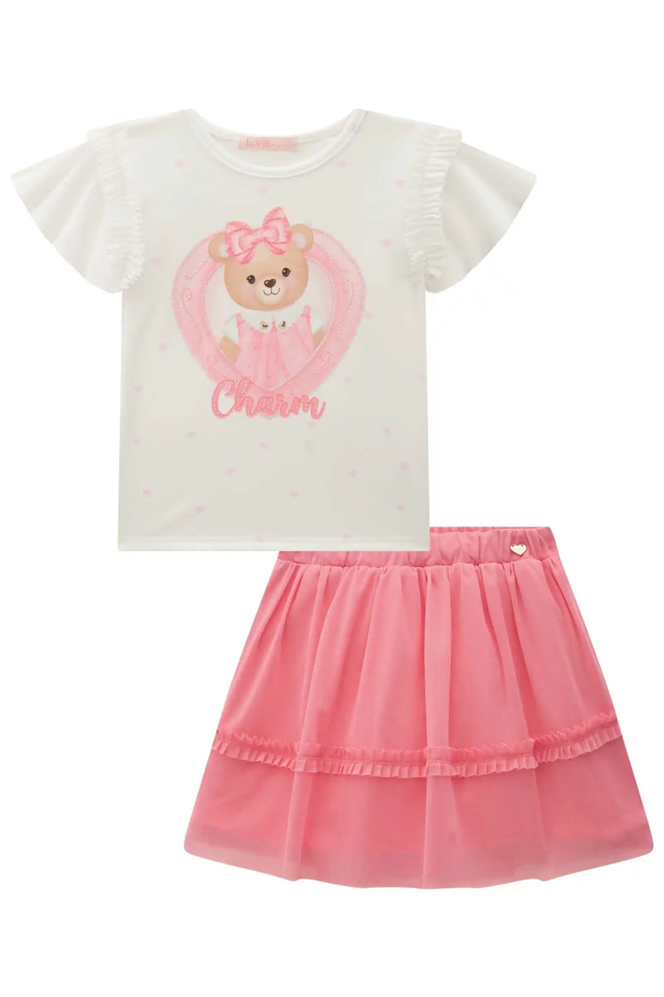 Conjunto Infantil Kukiê Inverno com Saia Tule Rosa e Blusa Ursinha Charm