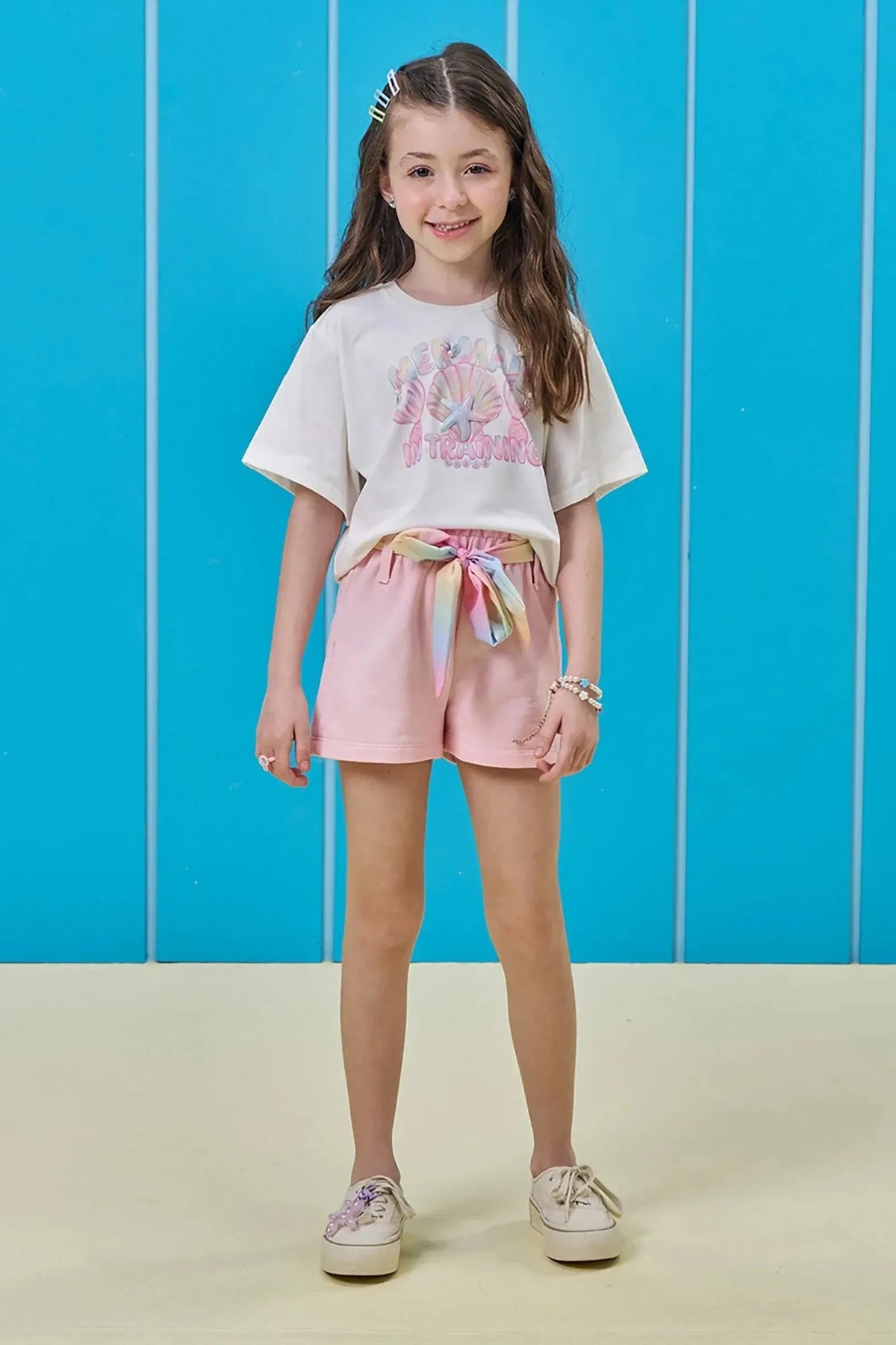 Conjunto Infantil Menina Kukiê com Shorts Rosa e Blusa Branca Mermaid