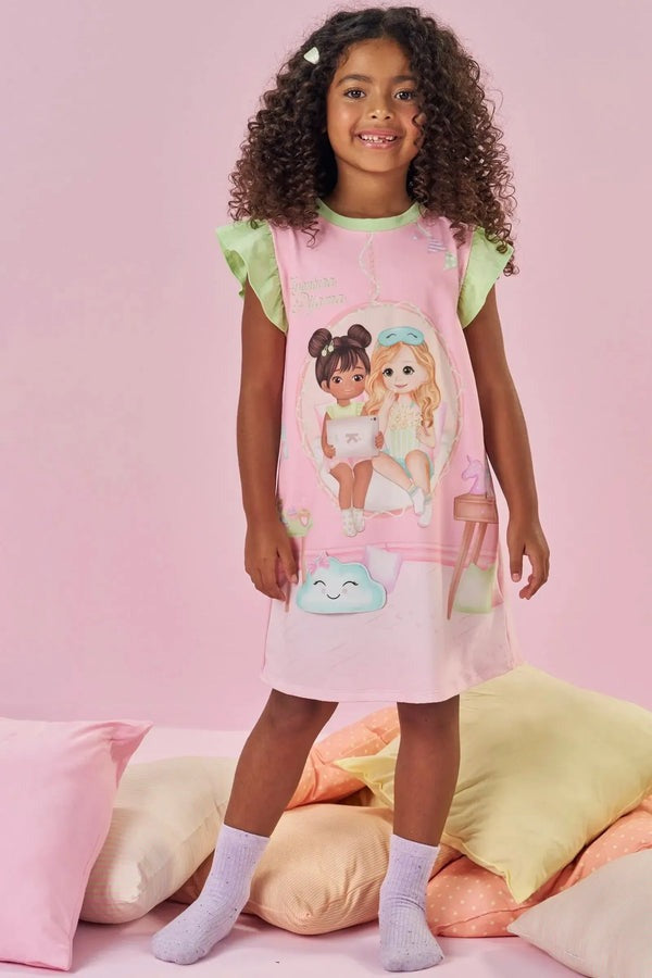 Camisola Infantil Kukiê Verão Rosa Amiguinhas Festa do Pijama