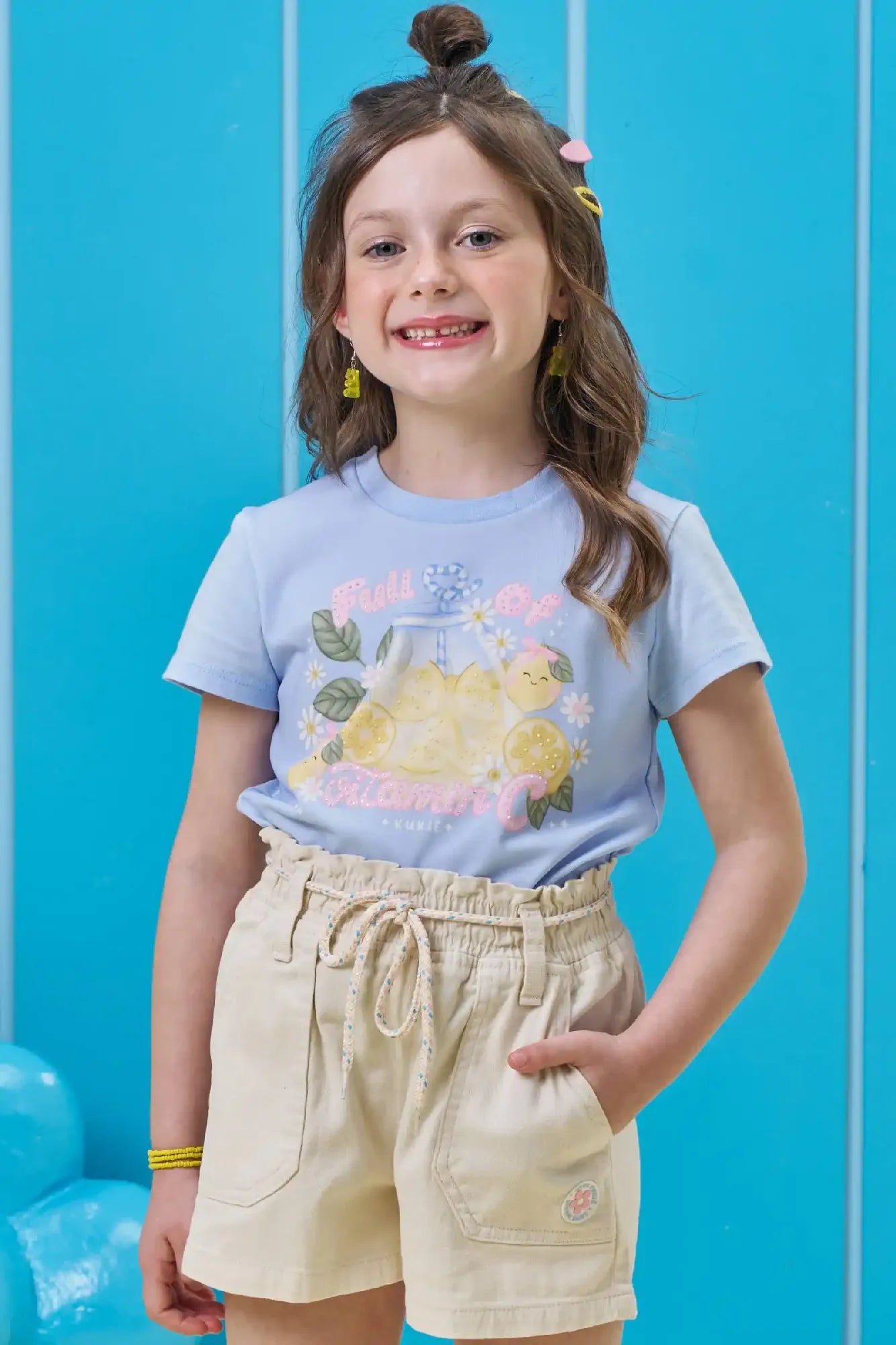 Blusa Infantil Menina Kukiê Azul Limãozinho Strass