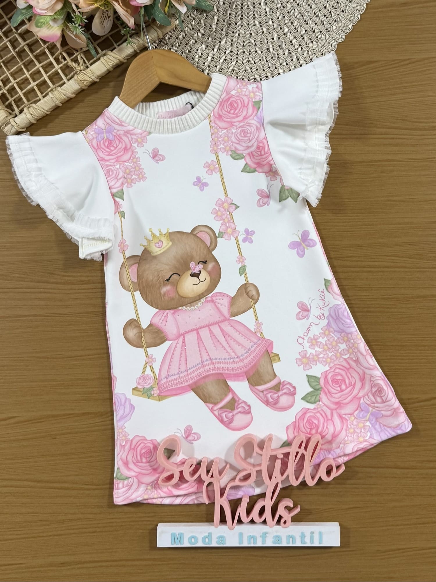 Vestido Infantil Kukiê Manga Curta Branco Ursinha Princesa
