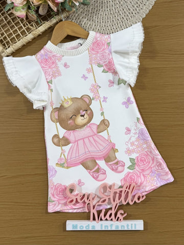 Vestido Infantil Kukiê Manga Curta Branco Ursinha Princesa
