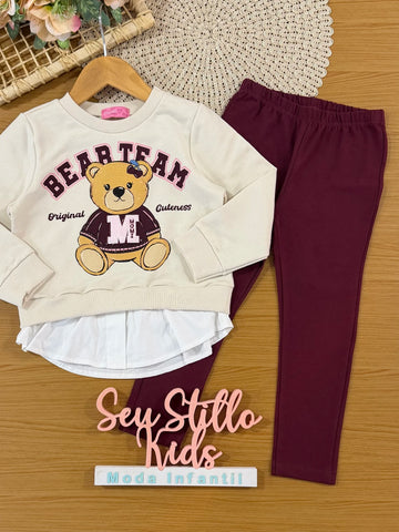 Conjunto Infantil Momi Inverno com Calça Legging Vinho e Moletom sem Flanela Bear Team