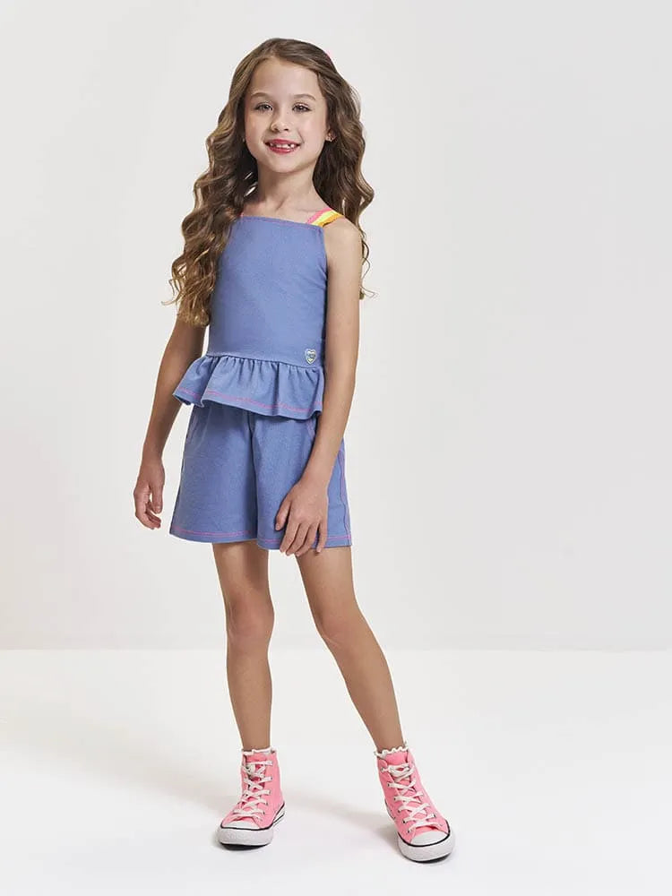 Conjunto Infantil Menina Cinti com Shorts e Blusa Azul Claro